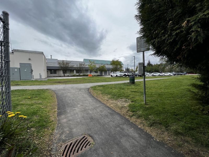 Looking at North Delta Recreation Centre from path connecting to 85 Avenue